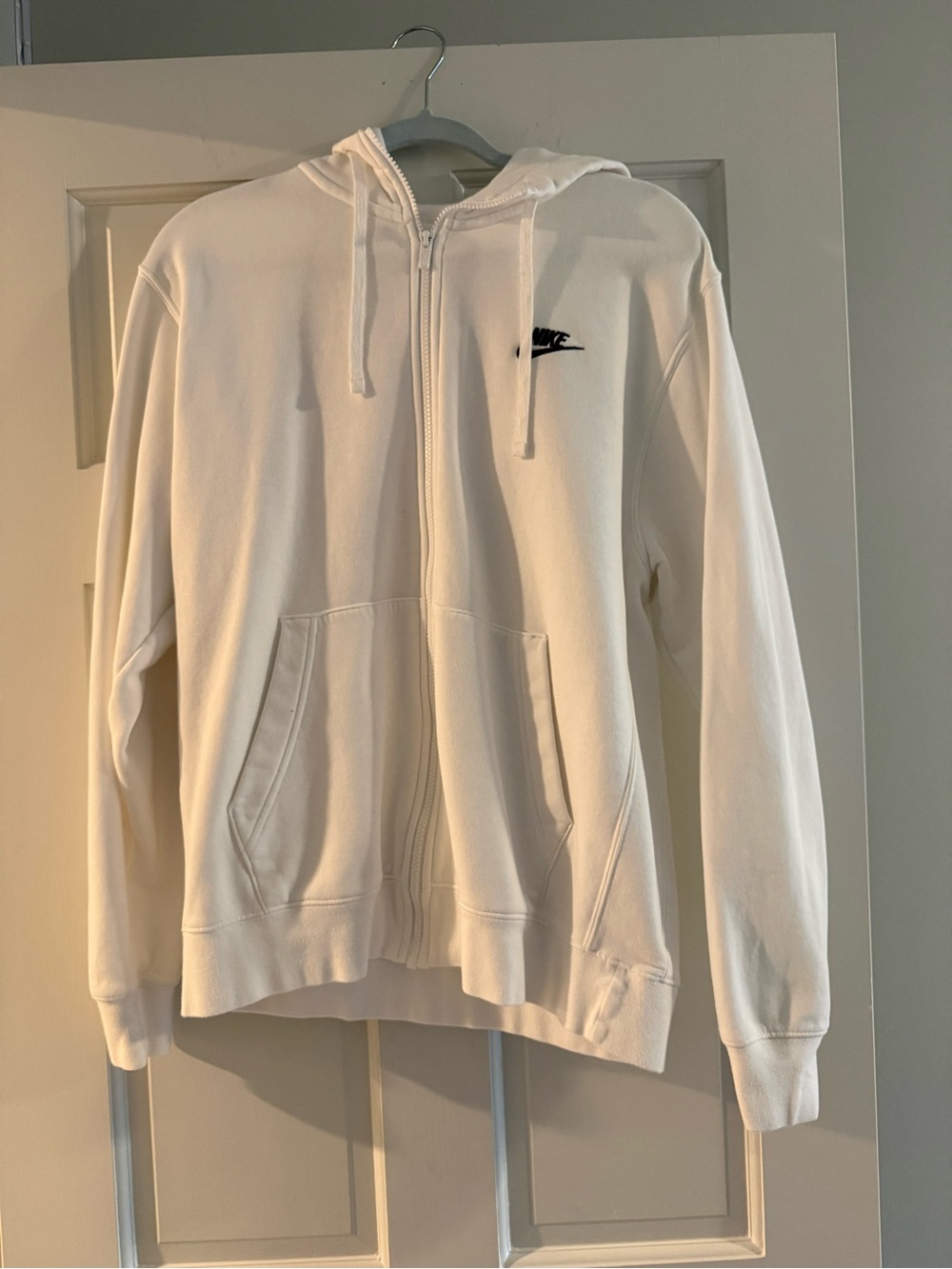 Nike White Zip-Up Hoodie with Small Black Swoosh